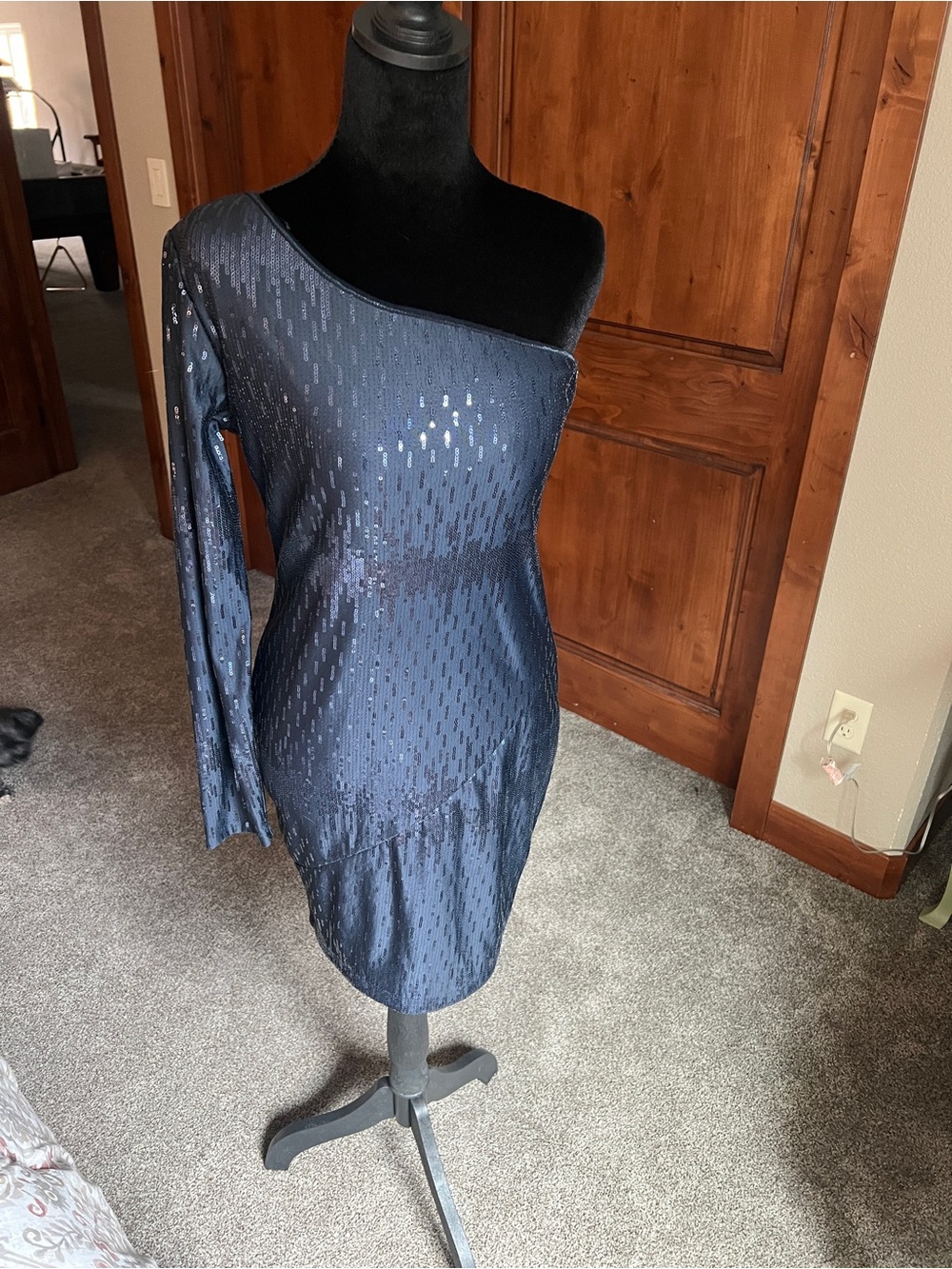 Jodi Kristopher Navy One-Shoulder Sequin Sheath Dress